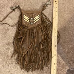 Hand made beaded leather fringed pouch for belt